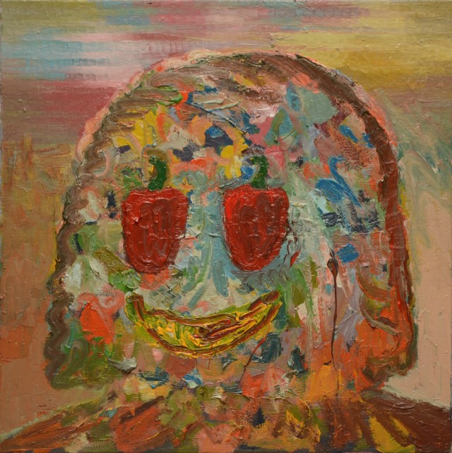 zelfportret met twee paprika's en een banaan