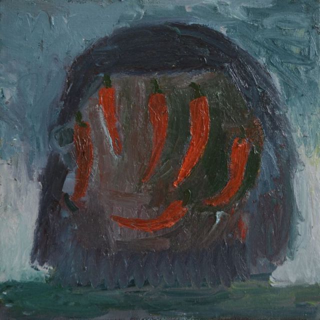 Zelfportret met rode pepers 50x50cm